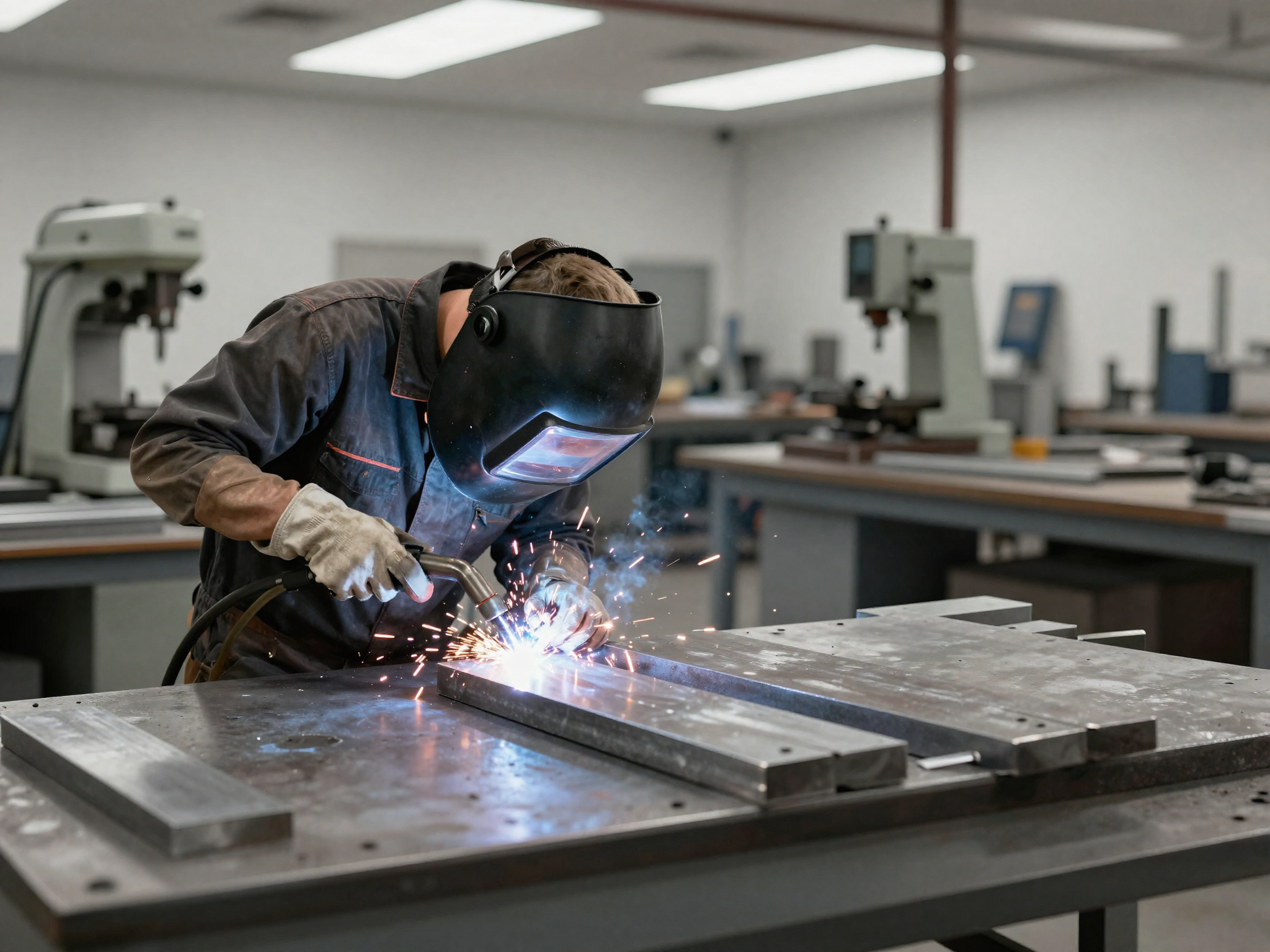 Schweißer bei der Arbeit in der Metallbauwerkstatt der Metallmeisterei Kernen im Remstal