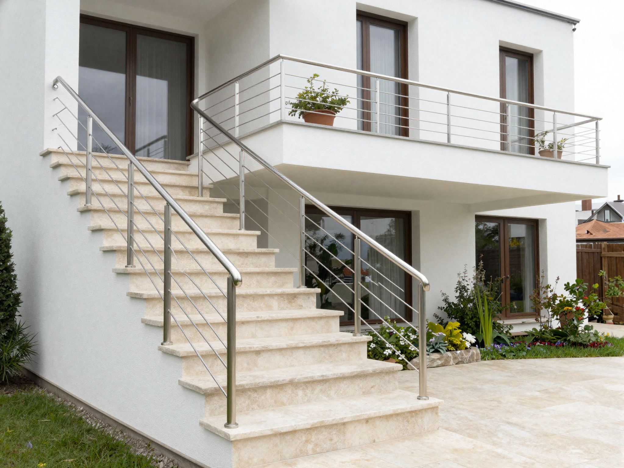 oderne Außentreppe mit poliertem Edelstahlgeländer an Architektenvilla in Kernen in Baden-Württemberg