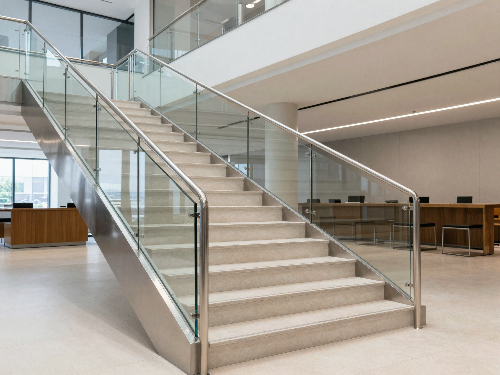 Moderne Edelstahltreppe mit Glasgeländer im Eingangsbereich eines Bürogebäudes in Stuttgart