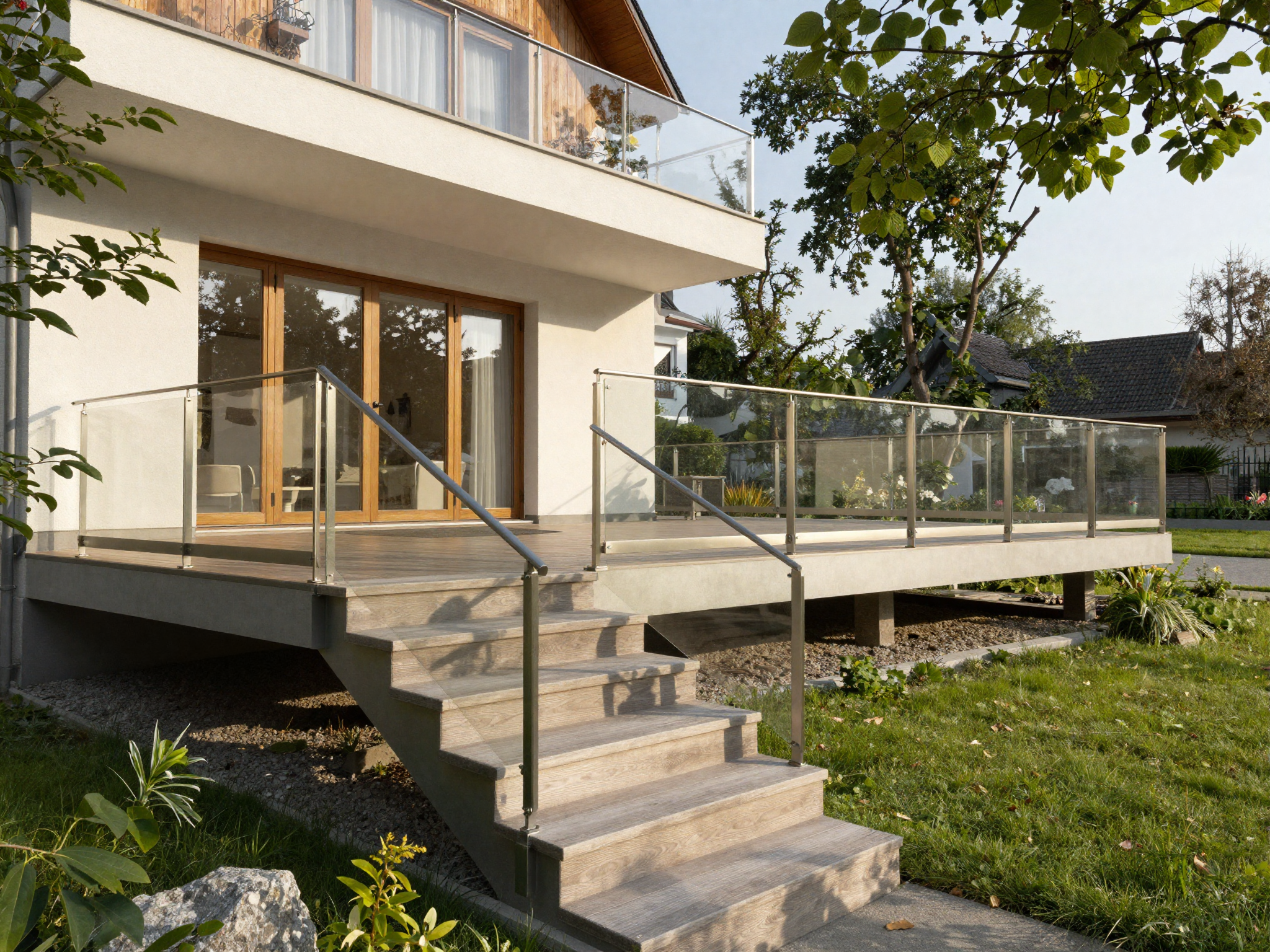 Terrassengeländer mit Treppe aus Stahl und Glas an Wohnhaus in Waiblingen