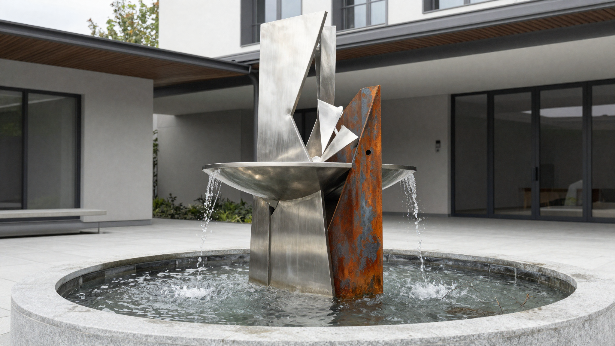 Kunstvoller Metallbrunnen mit Stahlskulptur als Sonderanfertigung der Metallmeisterei Kernen