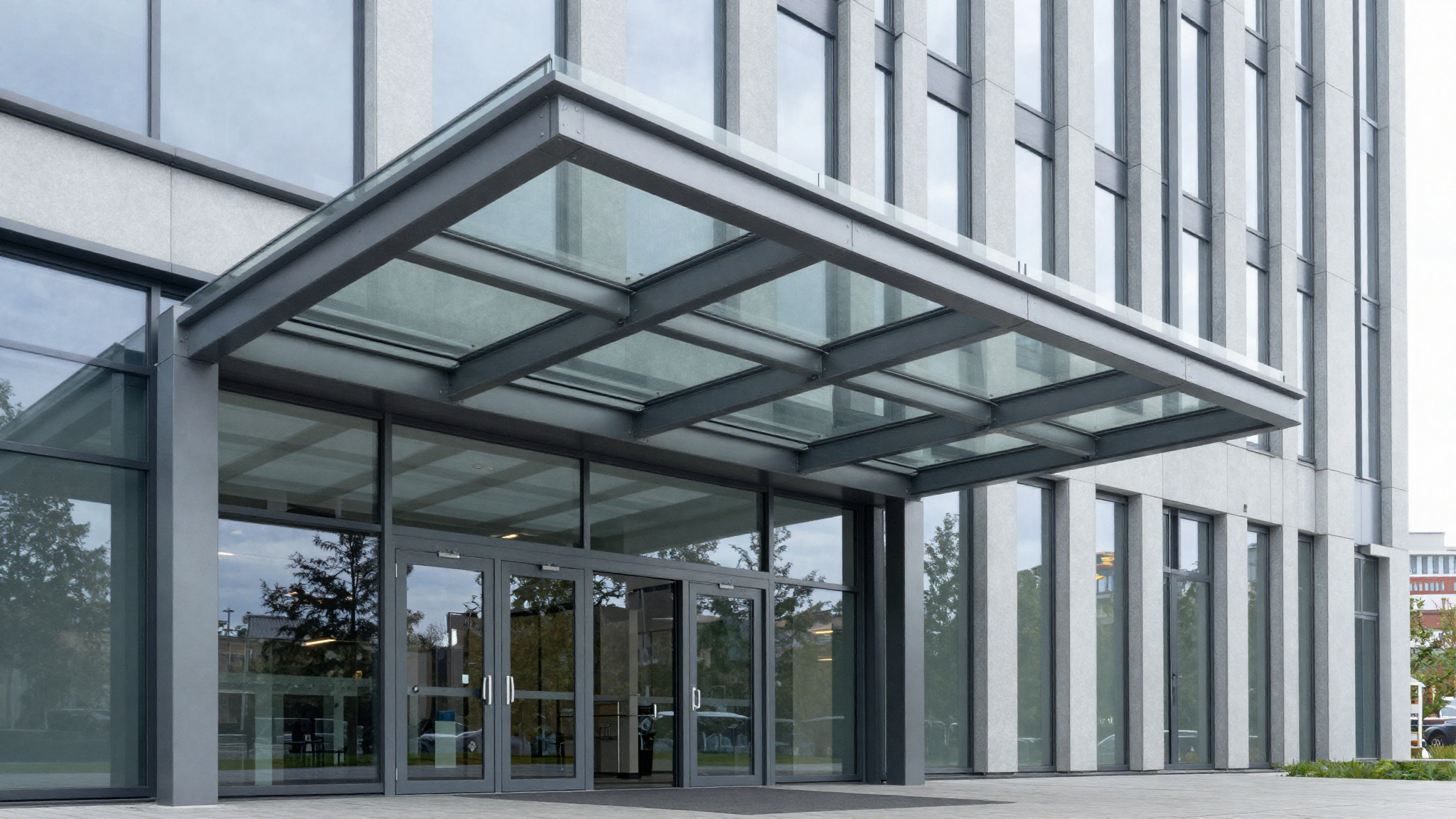 Modernes Stahl-Glas-Vordach über Eingang eines Geschäftsgebäudes in Kernen